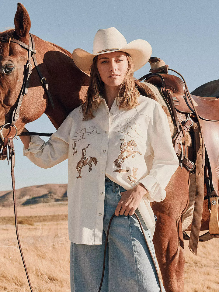 Wrangler Embroidered Boyfriend Western Snap Shirt