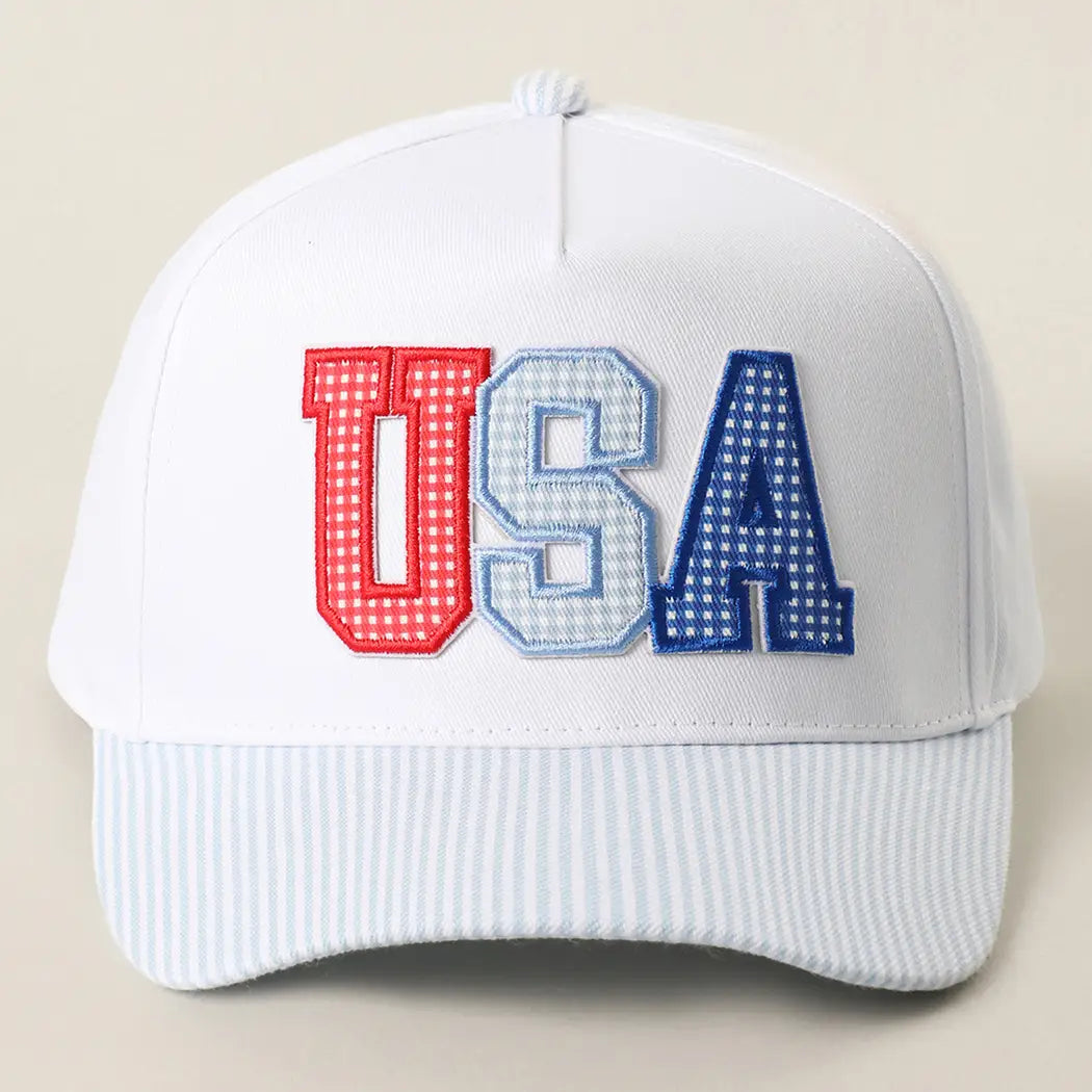USA Gingham Letter Patch Striped Brim Cap