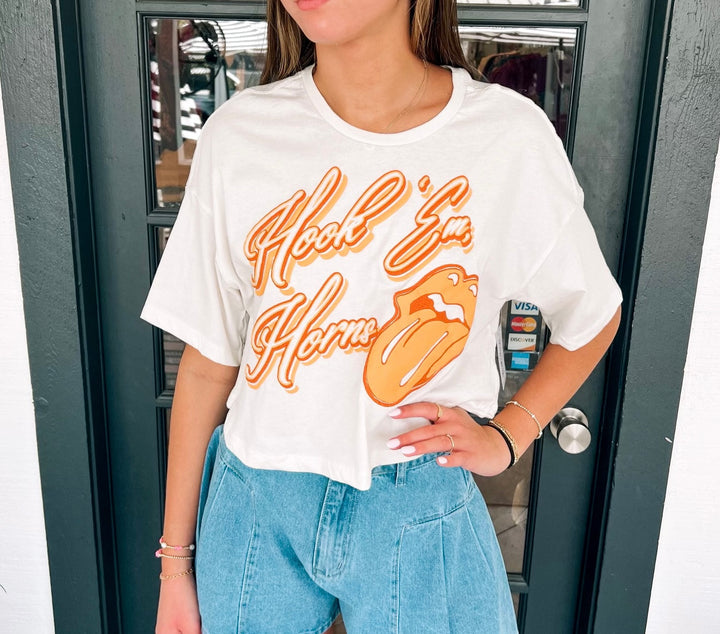 The Rolling Stones Hook 'Em Horns Puff Ink Cropped Tee