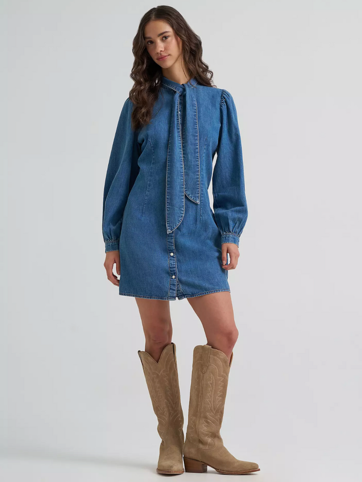 Wrangler Women's Denim Tie Neck Snap Dress