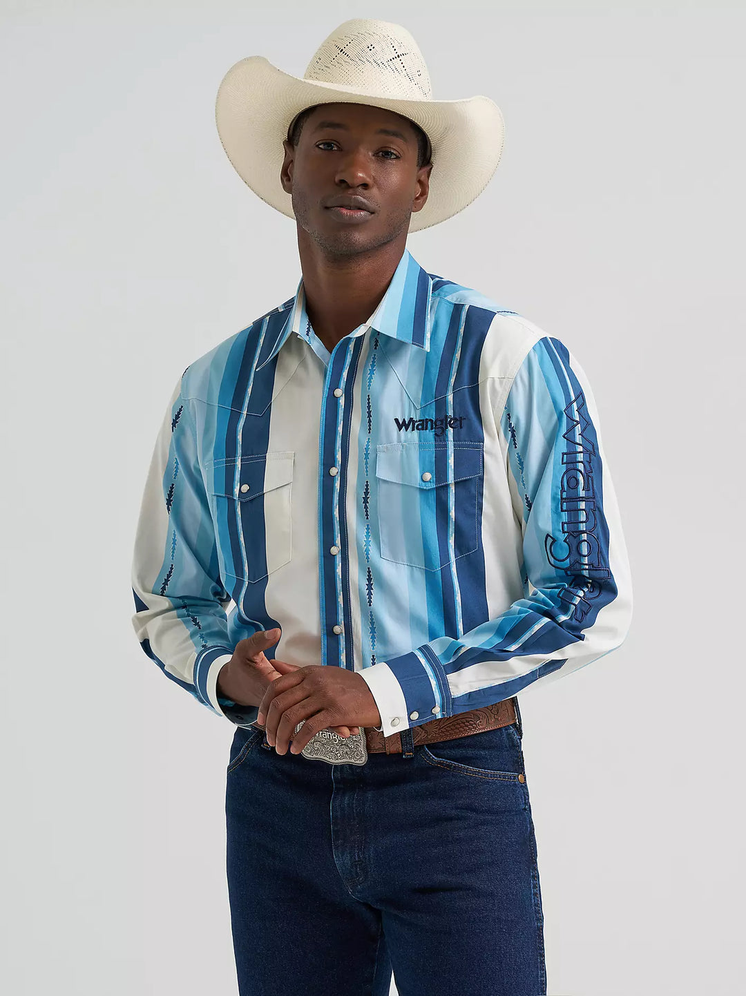 Wrangler Men's Logo LS Striped Shirt