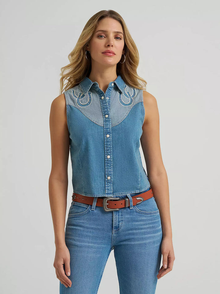 Wrangler Women's Horseshoe Sleeveless Denim Snap Shirt