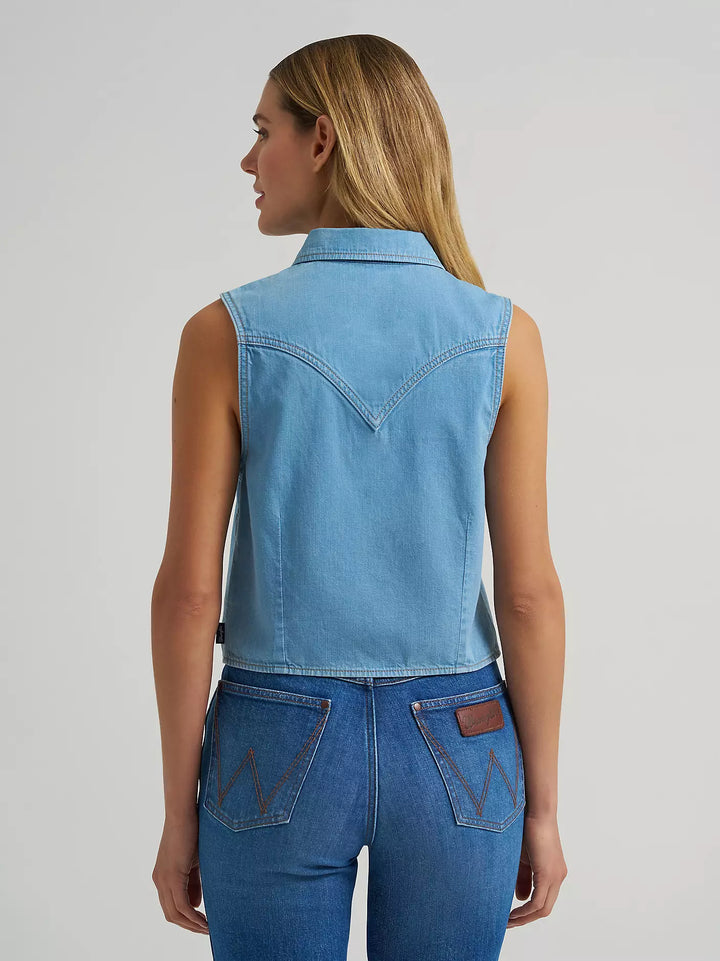 Wrangler Women's Saddle Embroidered Denim Sleeveless Snap Shirt